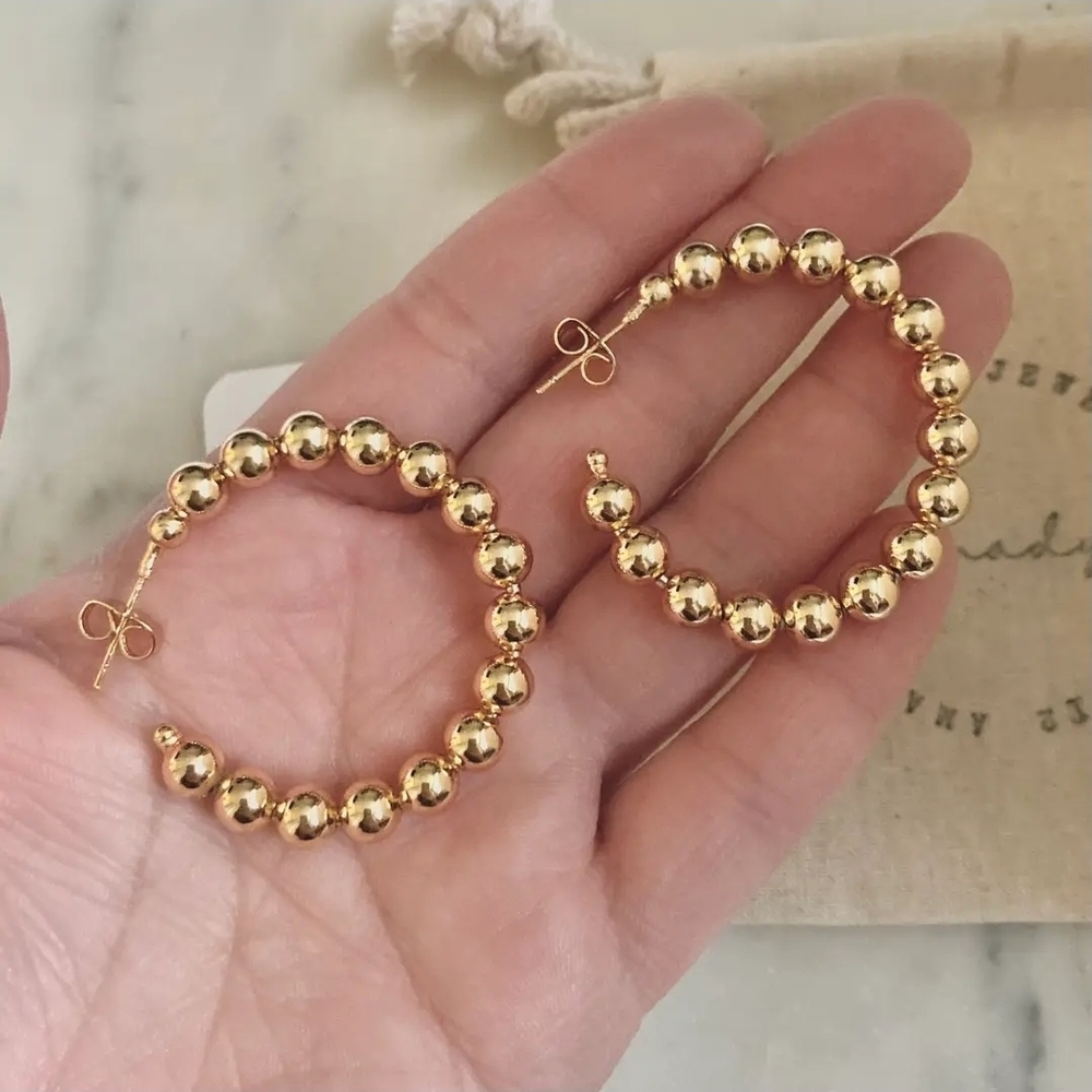 Elegant Gold Beaded Hoop Earrings - Picture 2 of 6